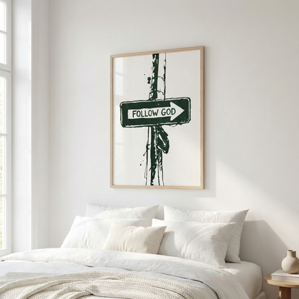 Follow god poster in minimal bright appartment